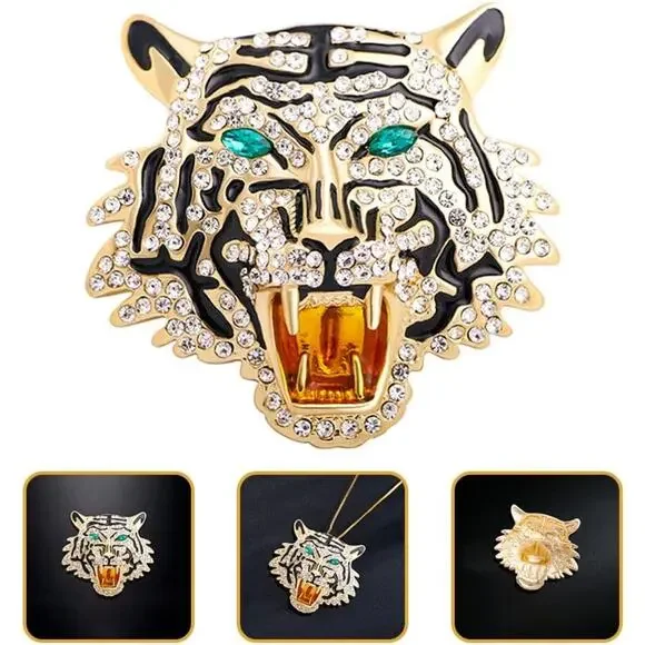 Brooch Roaring Tiger Luxury Pin with‎ Rhinestone Emerald Green Eyes - Picture 3 of 3